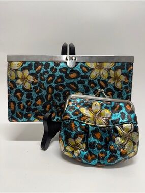 Mirror Mirror Teal Floral Leopard Print Clutch & Coin Purse Set